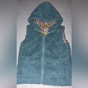 Mini boden faux fur fuzzy vest xl 14 hood 11-12 floral lined warm cute